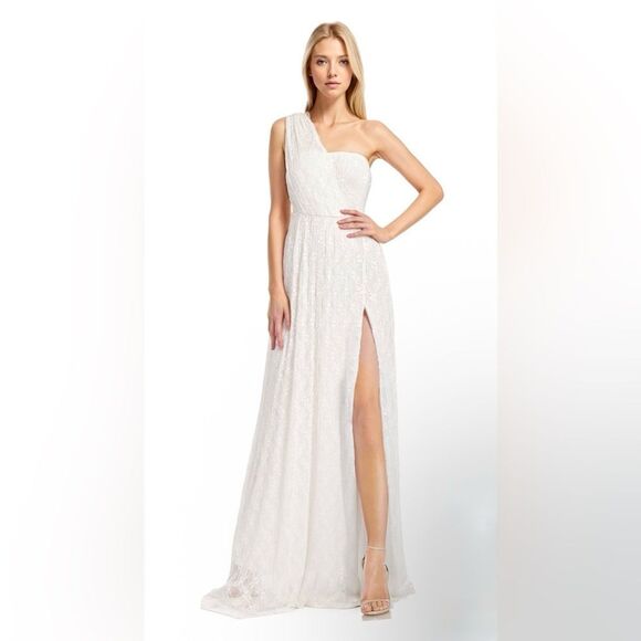JEWEL Badgley Mischa dress One-Shoulder White lace Gown front slit Sz 10 NWT - Picture 2 of 16